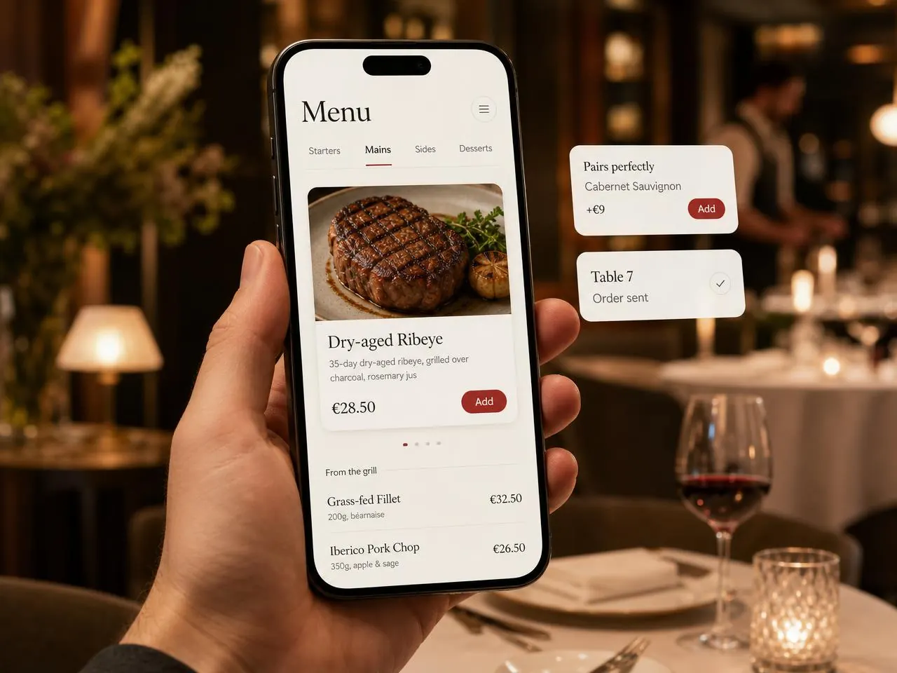DinnerBoost mobile restaurant menu with a contextual wine recommendation and a live order status card