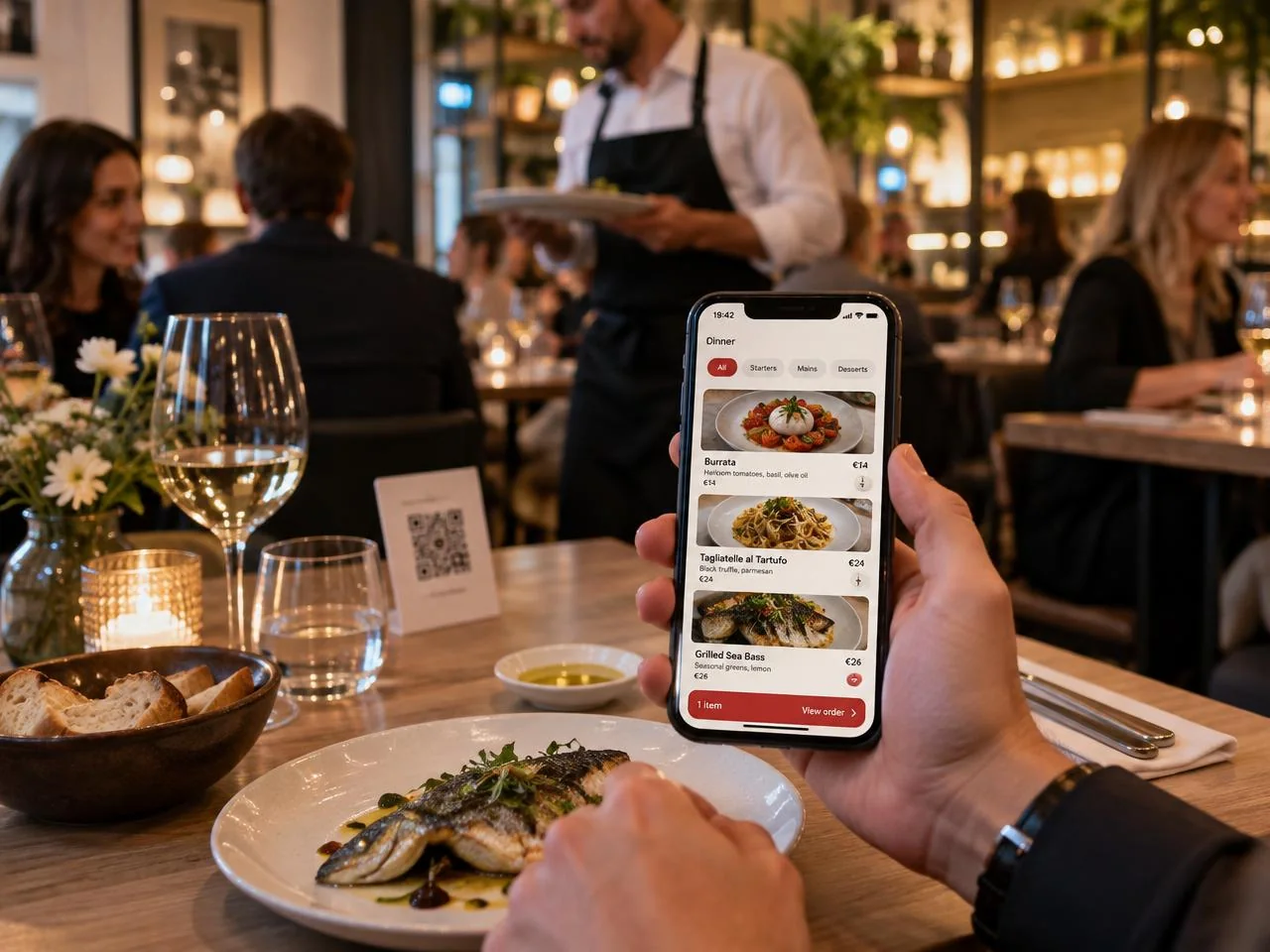 DinnerBoost mobile restaurant menu with a contextual wine recommendation and a live order status card