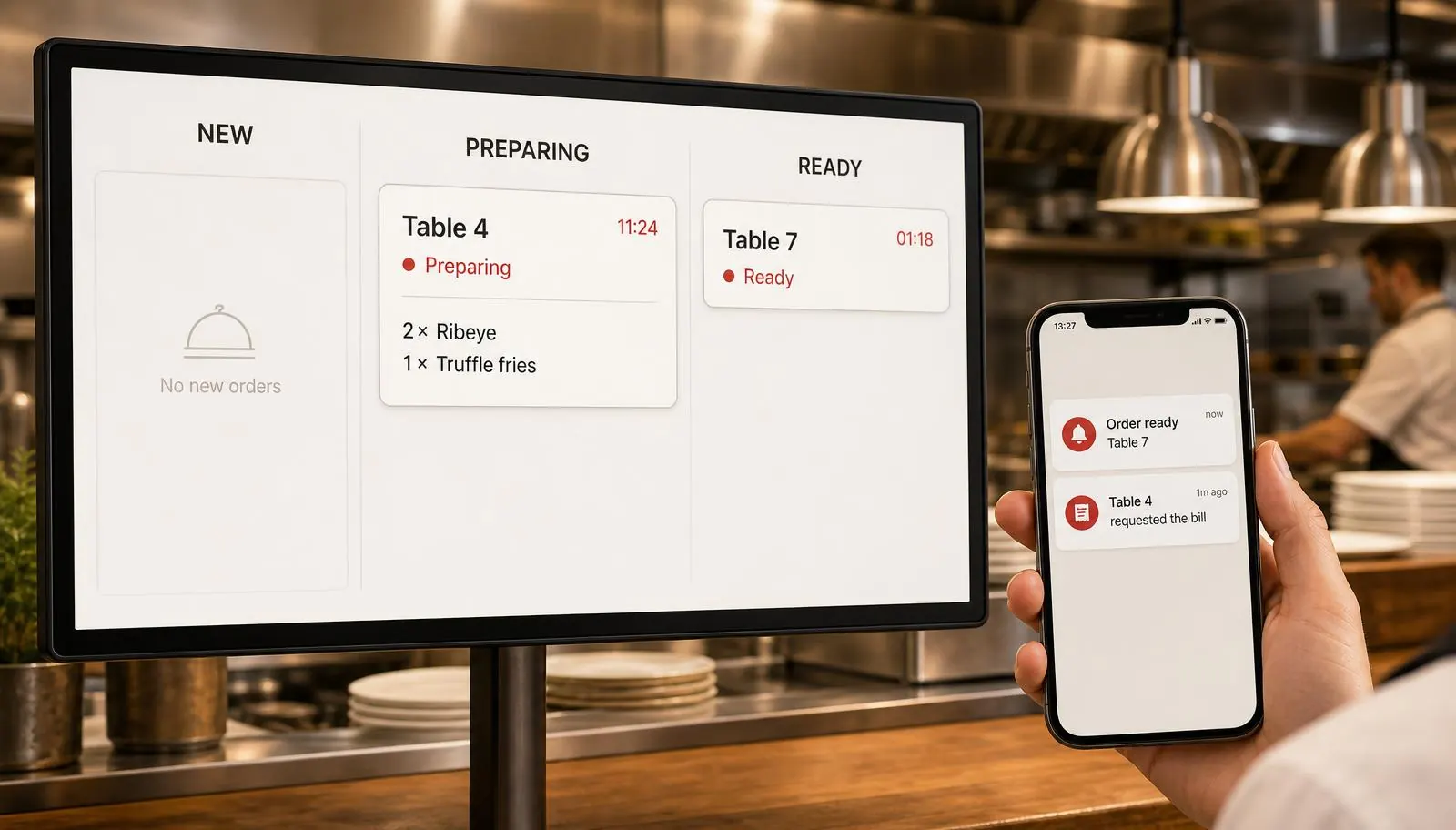 DinnerBoost kitchen display and a waiter smartphone receiving an order-ready notification