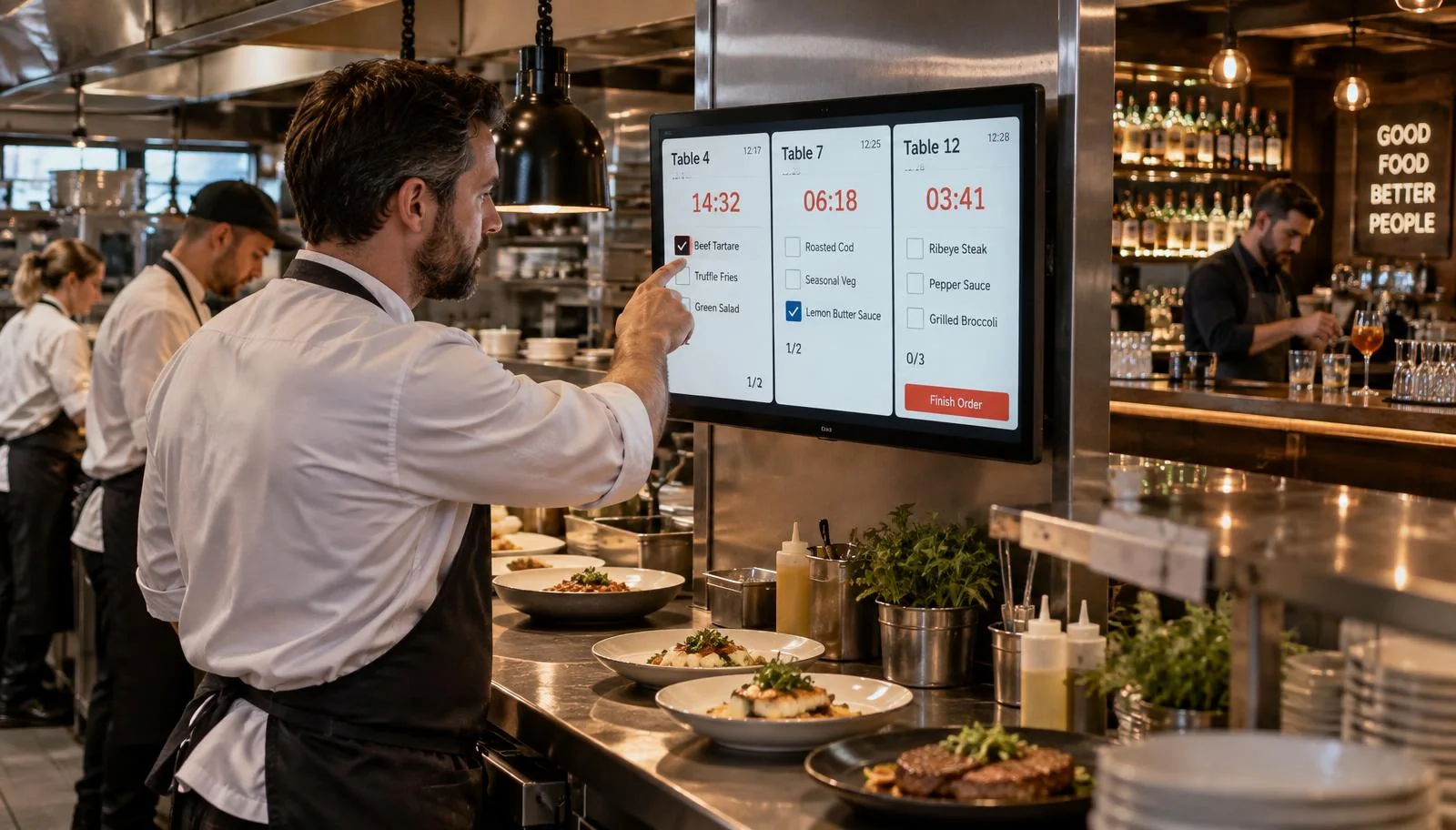 DinnerBoost kitchen display and a waiter smartphone receiving an order-ready notification