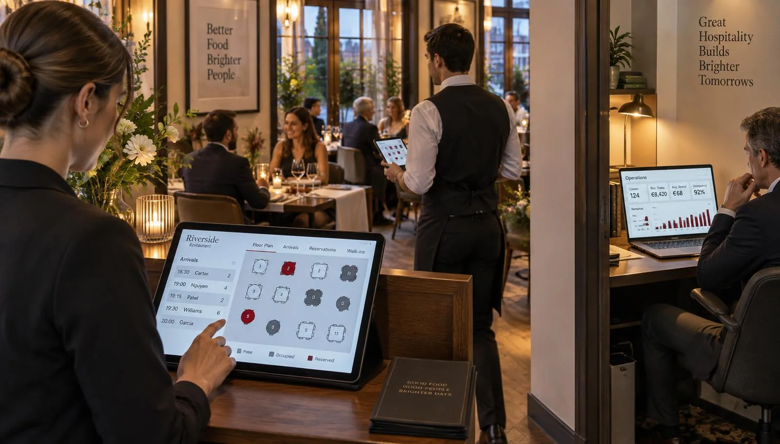 DinnerBoost multilingual guest menu next to a dark analytics dashboard with example restaurant data