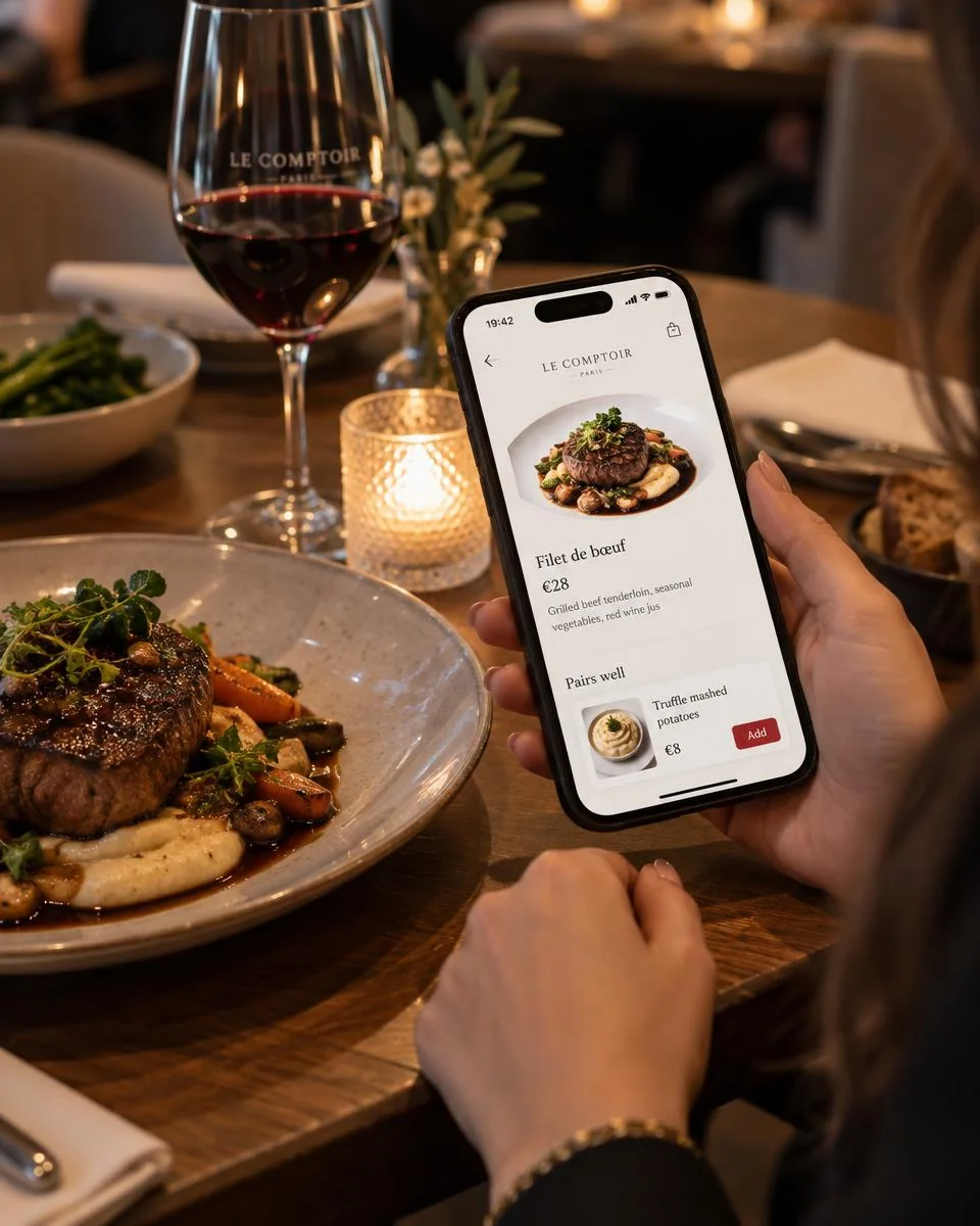 DinnerBoost dish page with a contextual Cabernet Sauvignon pairing recommendation